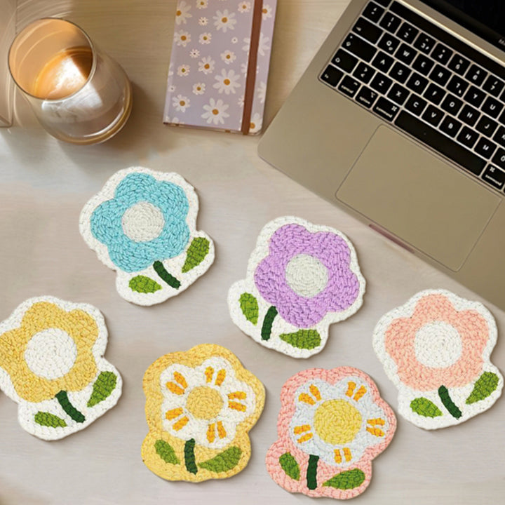Small Flower Punch Needle Coasters Kits 6 Pack