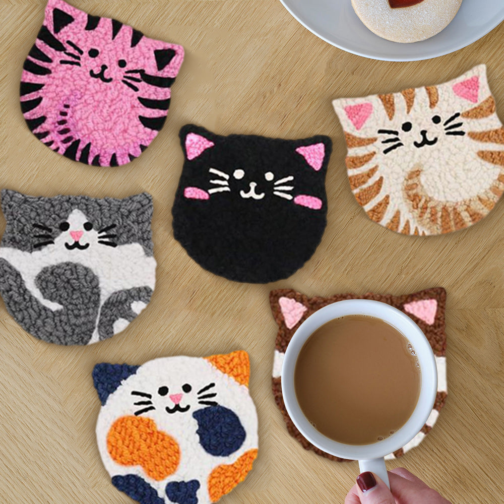 Cute Kitten Punch Needle Coasters Kits 6 Pack