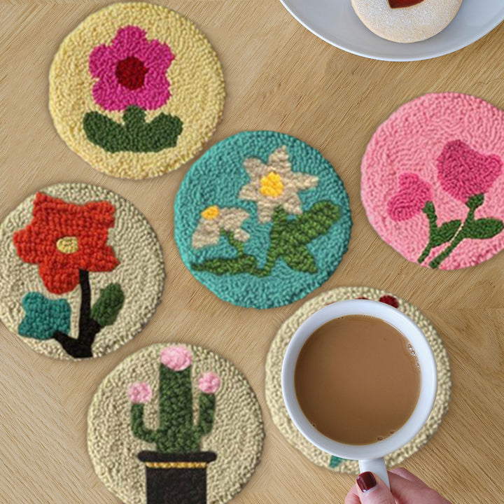 Cartoon Plants Punch Needle Coasters Kits 6 Pack