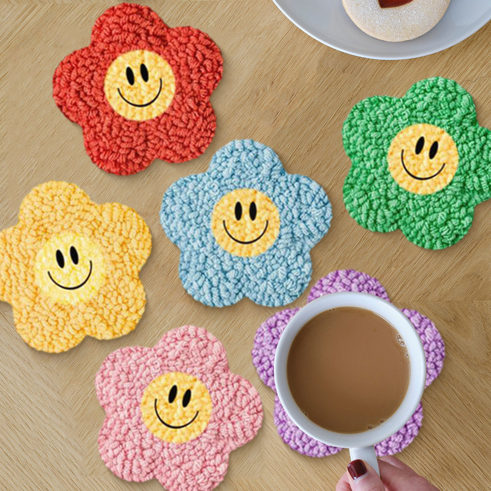 Flower Smiley Face Punch Needle Coasters Kits 6 Pack