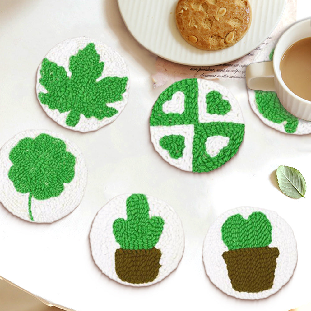 Green Plants Punch Needle Coasters Kits 6 Pack
