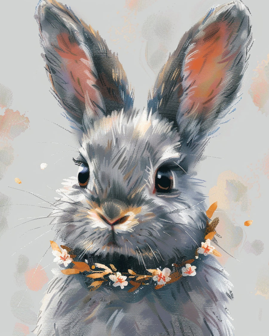 Gray Rabbit with Flower Collar Cross Stitch Kits