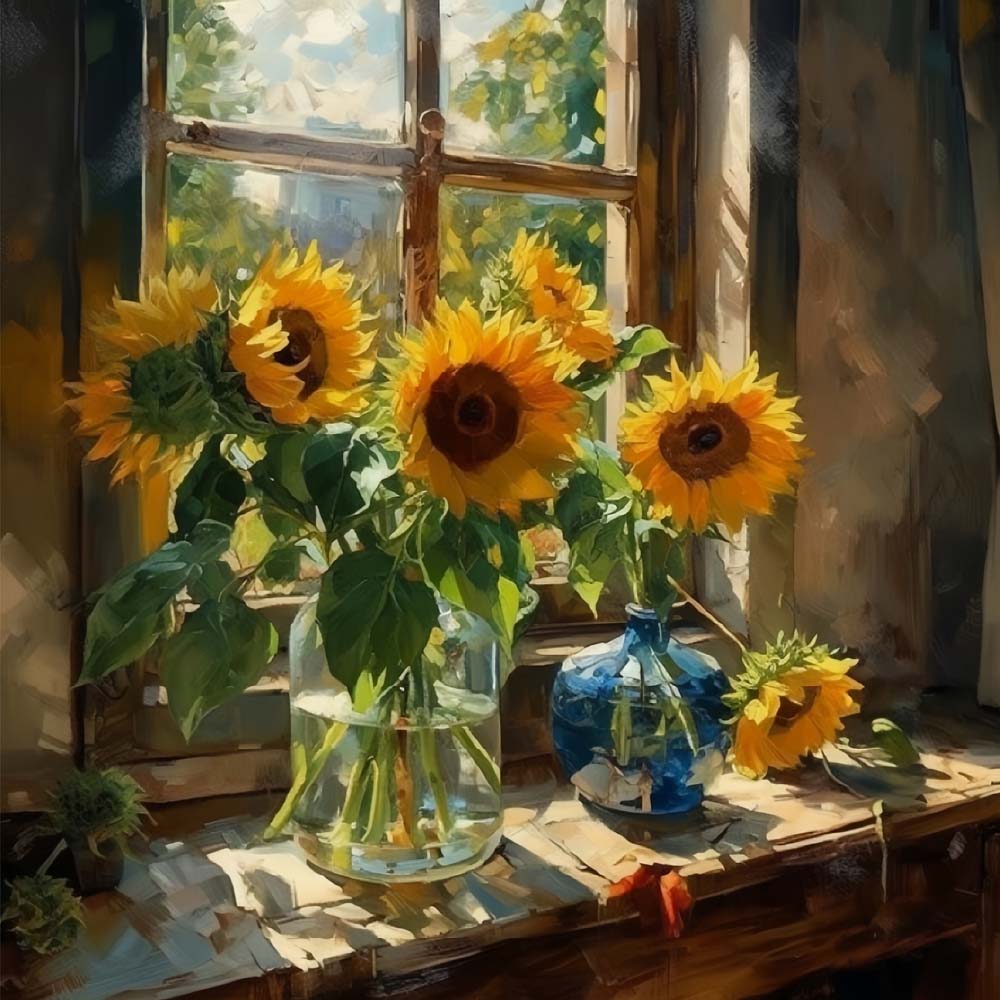 Sunflower Vase on Windowsill Cross Stitch Kits