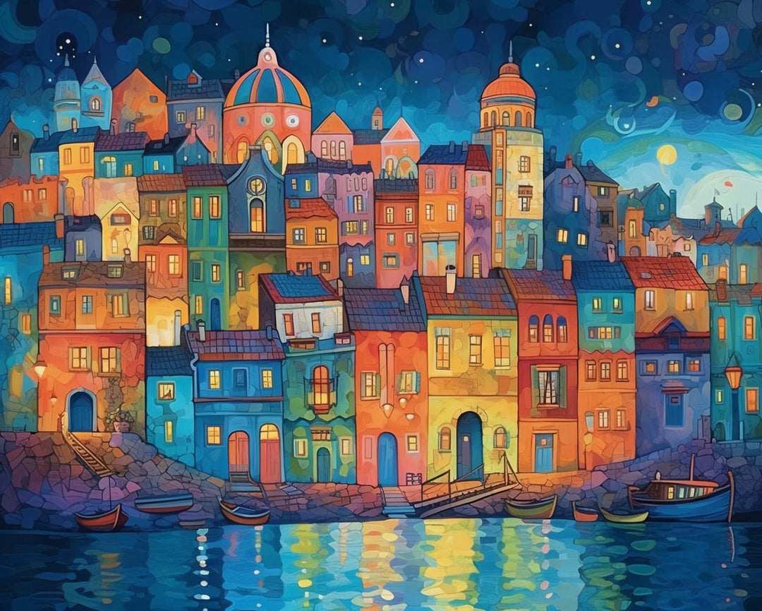 Colorful Town at Night City Cross Stitch Kits