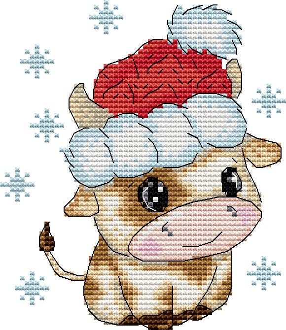 Little Cow with a Christmas Hat Cross Stitch Needle Pocket