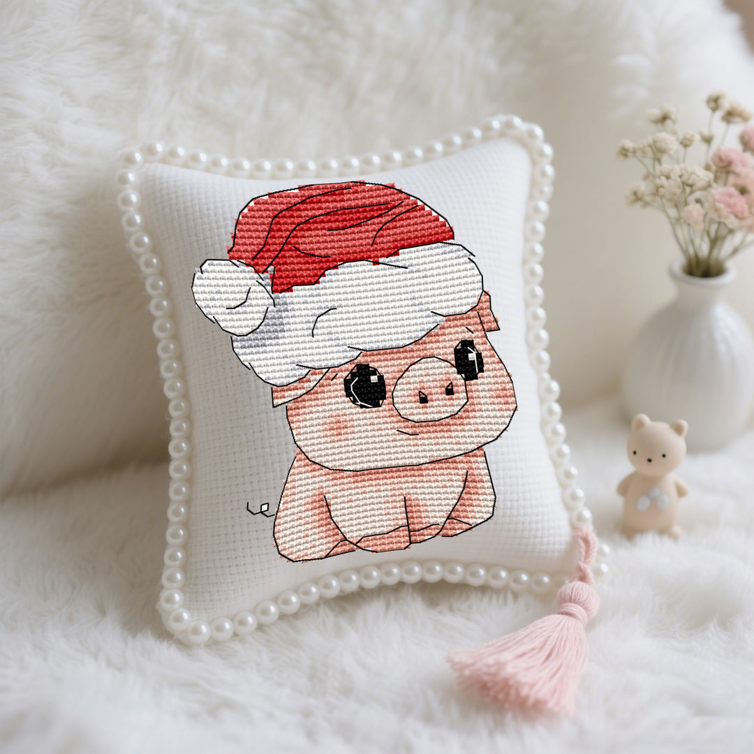 Little Pig with a Christmas Hat Cross Stitch Needle Pocket