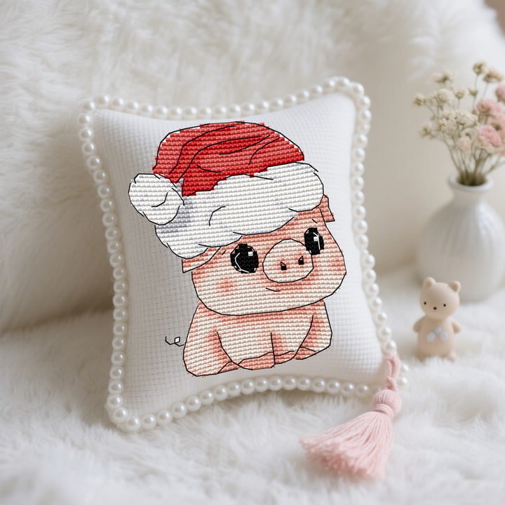 Little Pig with a Christmas Hat Cross Stitch Needle Pocket