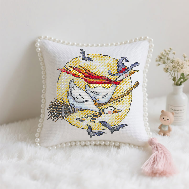 Goose Riding a Magic Broom Cross Stitch Needle Pocket
