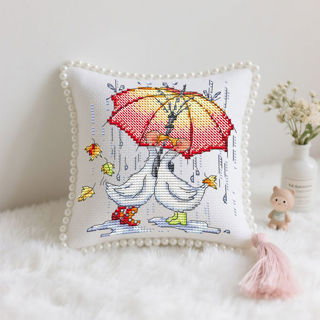Two Geese holding Umbrellas Cross Stitch Needle Pocket