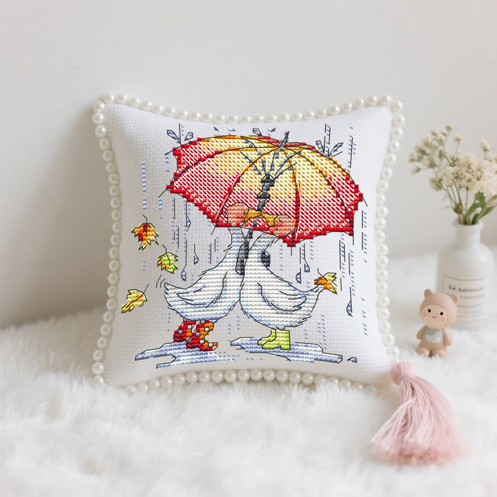 Two Geese holding Umbrellas Cross Stitch Needle Pocket