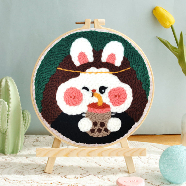 Drinking Milk Tea Rabbit Punch Needle Embroidery Kits