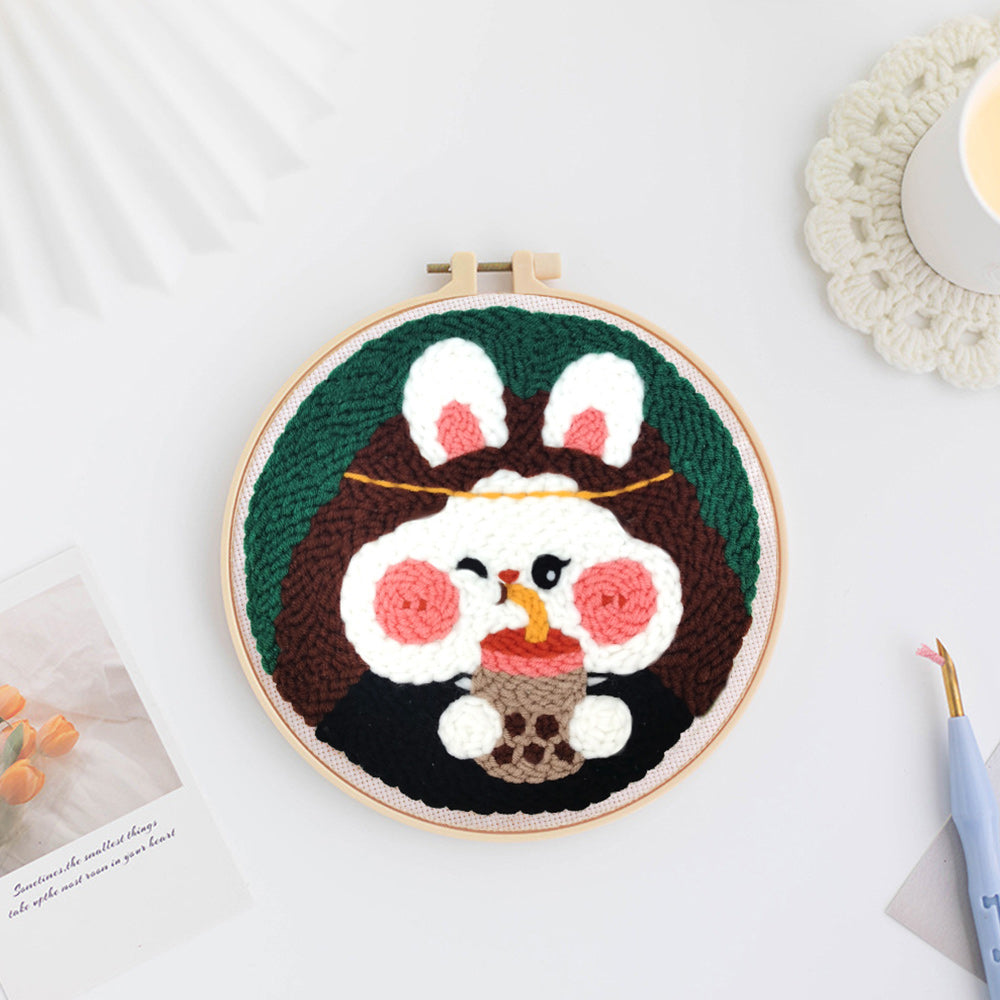 Drinking Milk Tea Rabbit Punch Needle Embroidery Kits