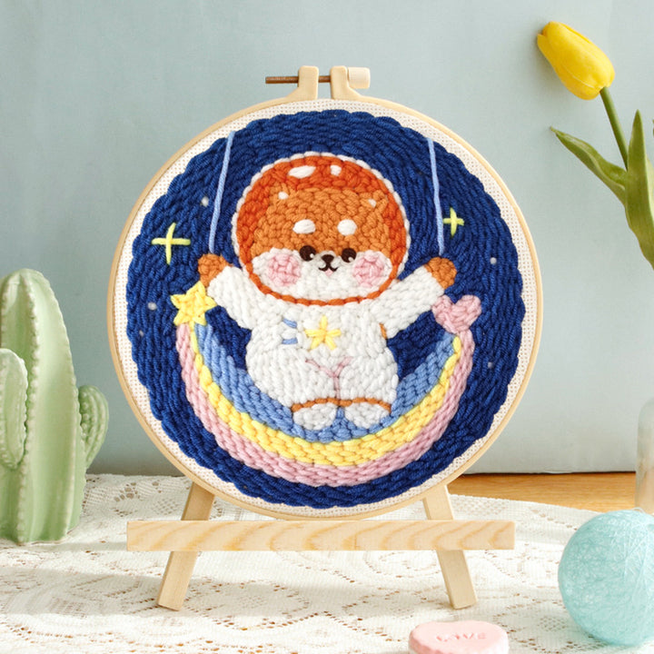 Dog Astronaut and Rainbow Punch Needle Embroidery Kits