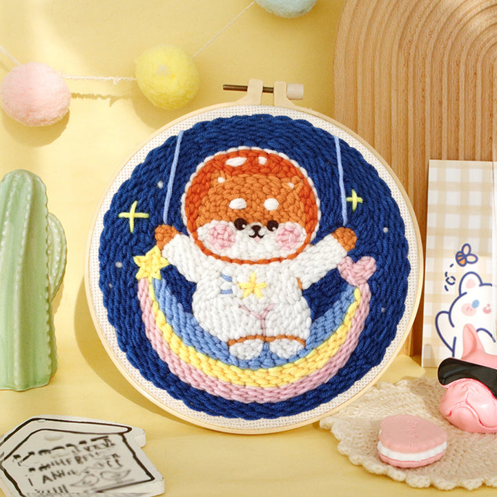 Dog Astronaut and Rainbow Punch Needle Embroidery Kits