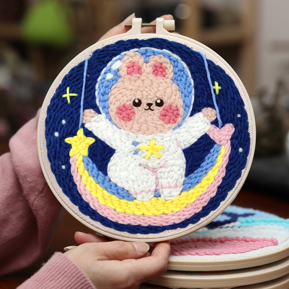 Bunny Astronaut and Rainbow Punch Needle Embroidery Kits