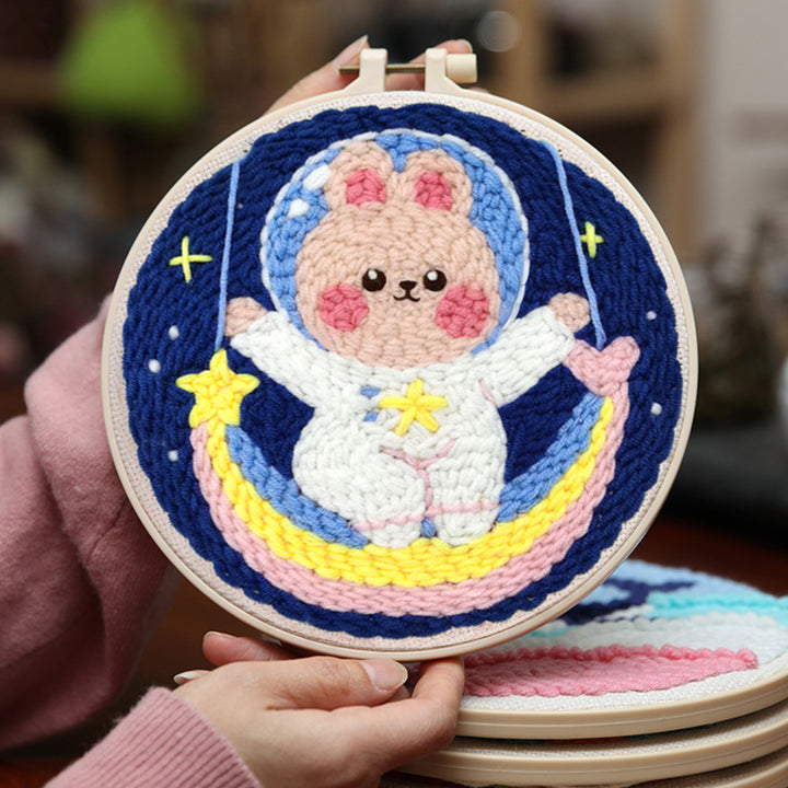 Bunny Astronaut and Rainbow Punch Needle Embroidery Kits