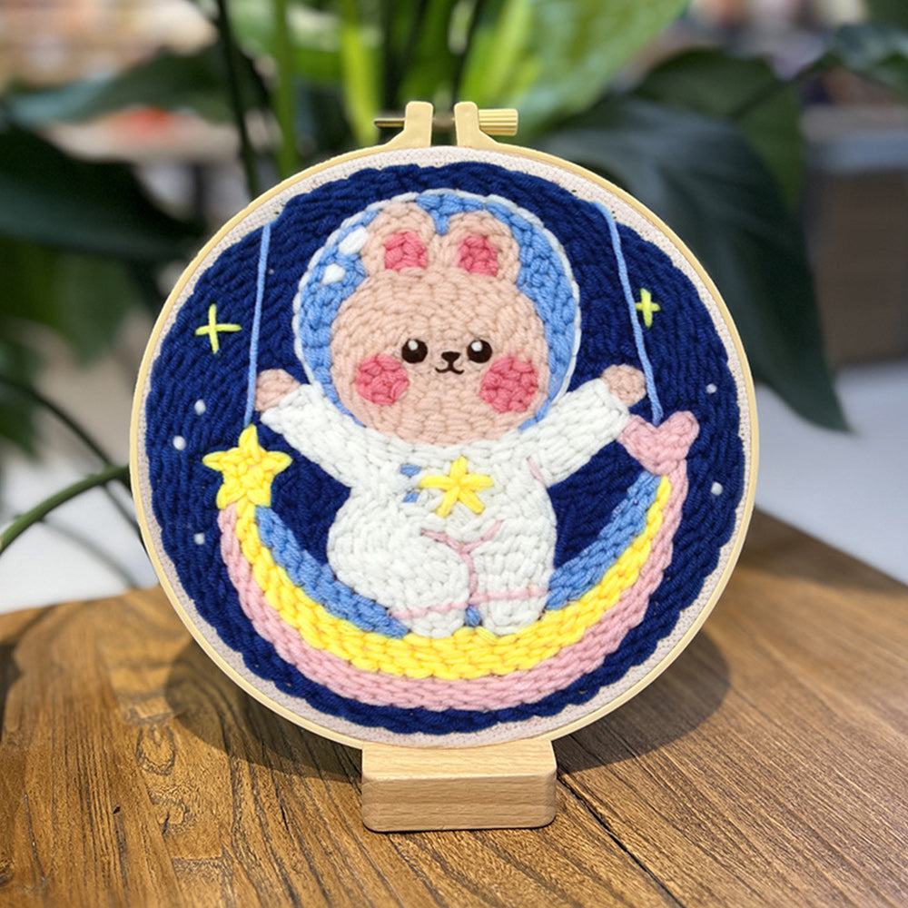 Bunny Astronaut and Rainbow Punch Needle Embroidery Kits