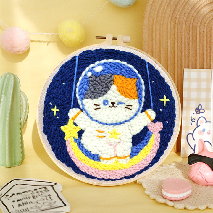 Kitten Astronaut and Rainbow Punch Needle Embroidery Kits