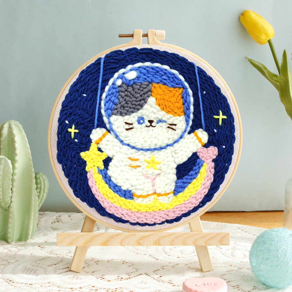 Kitten Astronaut and Rainbow Punch Needle Embroidery Kits