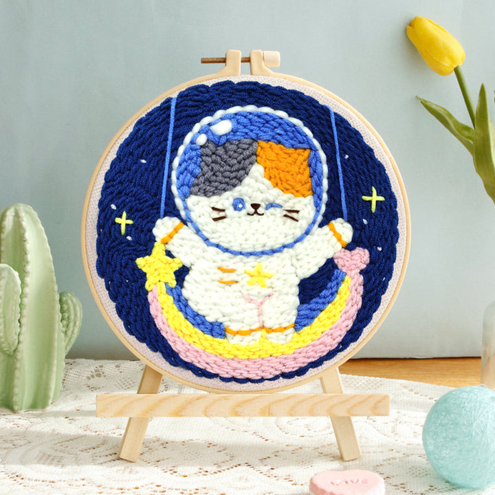 Kitten Astronaut and Rainbow Punch Needle Embroidery Kits