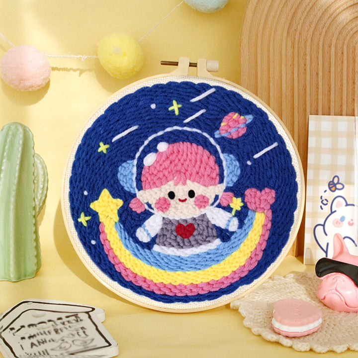 Girl Astronaut and Rainbow Punch Needle Embroidery Kits