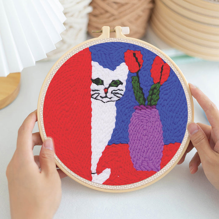 White Cat Punch Needle Embroidery Kits