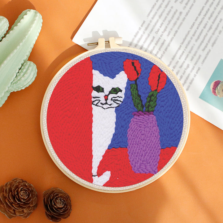 White Cat Punch Needle Embroidery Kits