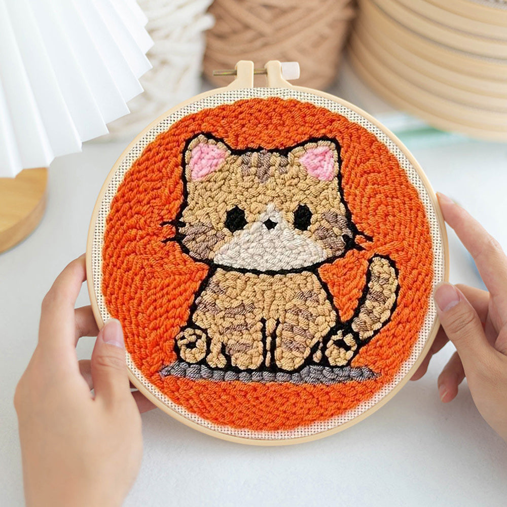 Yellow Pattern Kitten Punch Needle Embroidery Kits