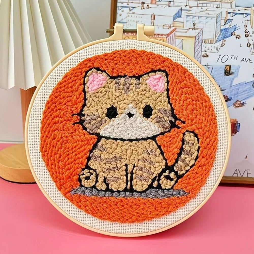Yellow Pattern Kitten Punch Needle Embroidery Kits