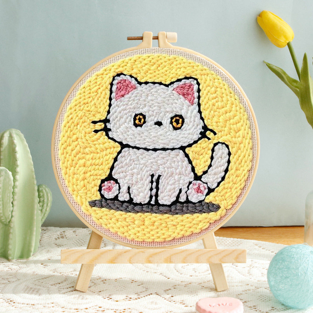 Cute Little White Cat Punch Needle Embroidery Kits