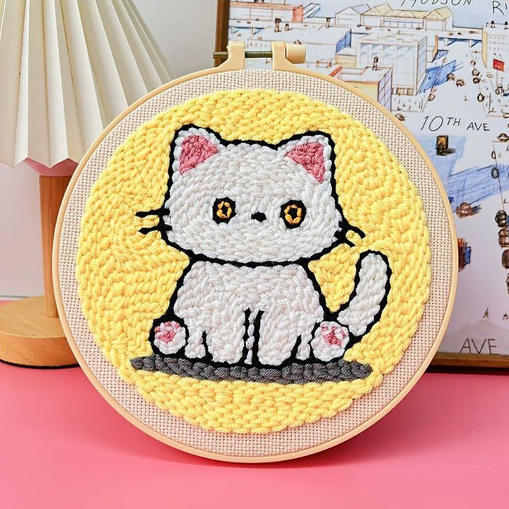 Cute Little White Cat Punch Needle Embroidery Kits