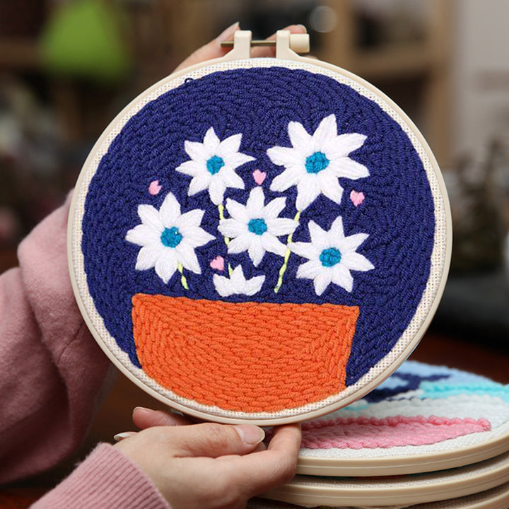 White Flowers in Pots Punch Needle Embroidery Kits
