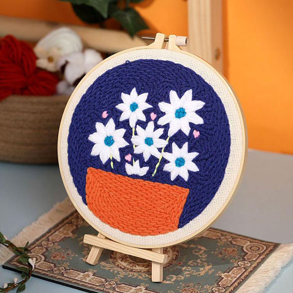 White Flowers in Pots Punch Needle Embroidery Kits