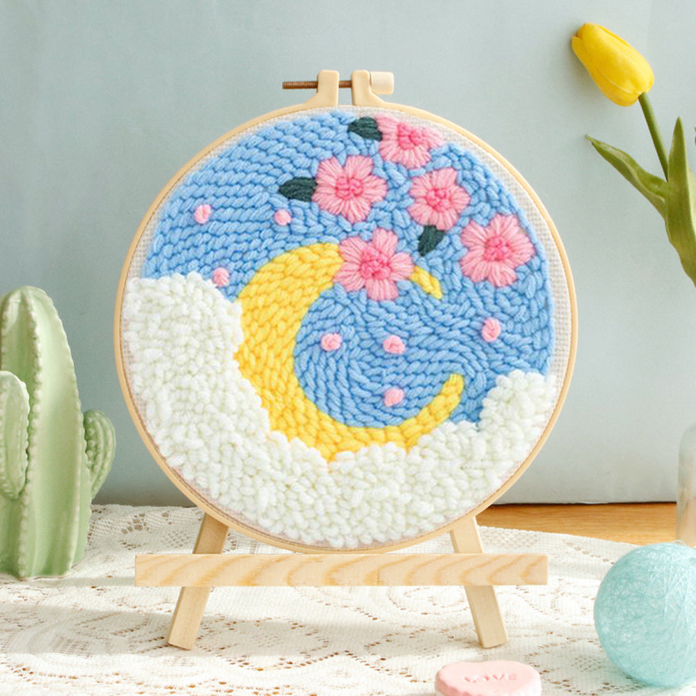 Moon and Pink Flowers Punch Needle Embroidery Kits