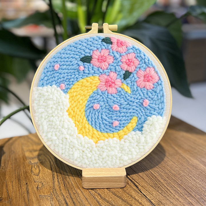 Moon and Pink Flowers Punch Needle Embroidery Kits