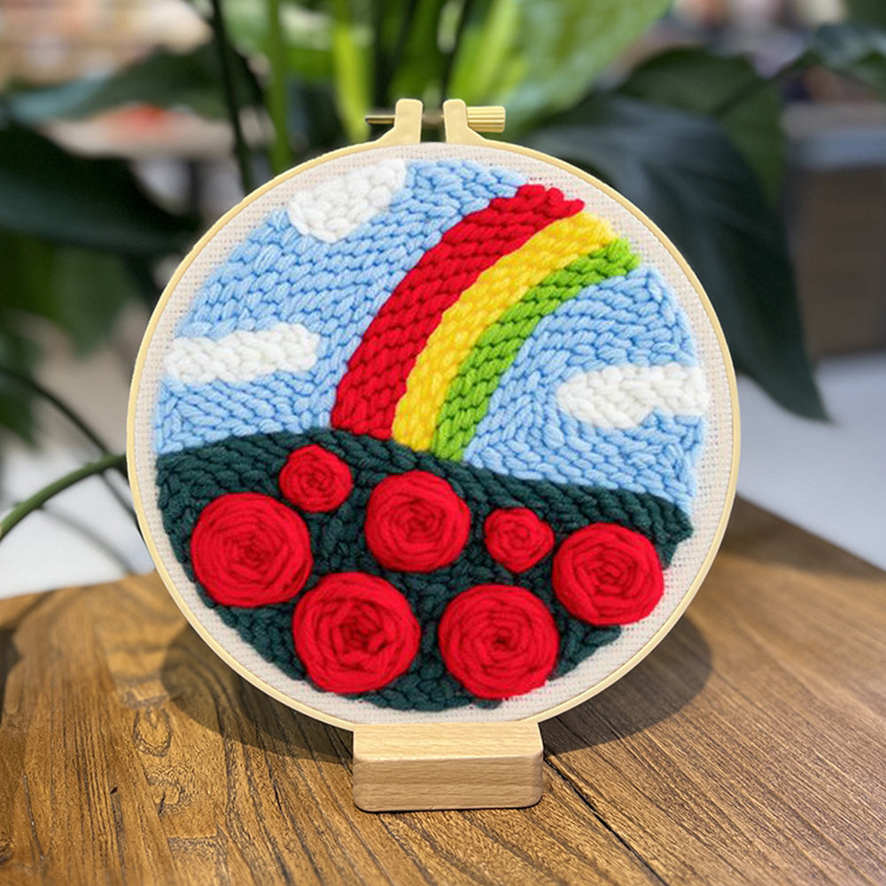 Rainbow Red Flower Field Punch Needle Embroidery Kits