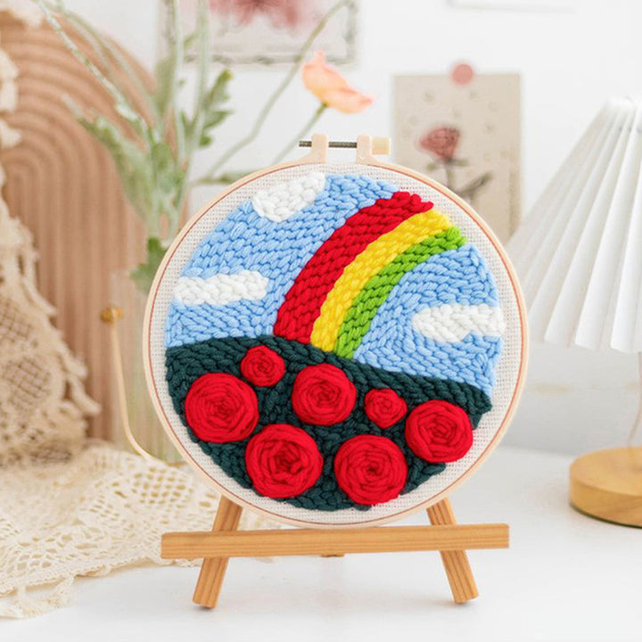Rainbow Red Flower Field Punch Needle Embroidery Kits