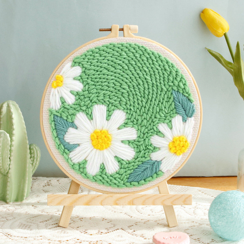 Daisies on Green Background Punch Needle Embroidery Kits