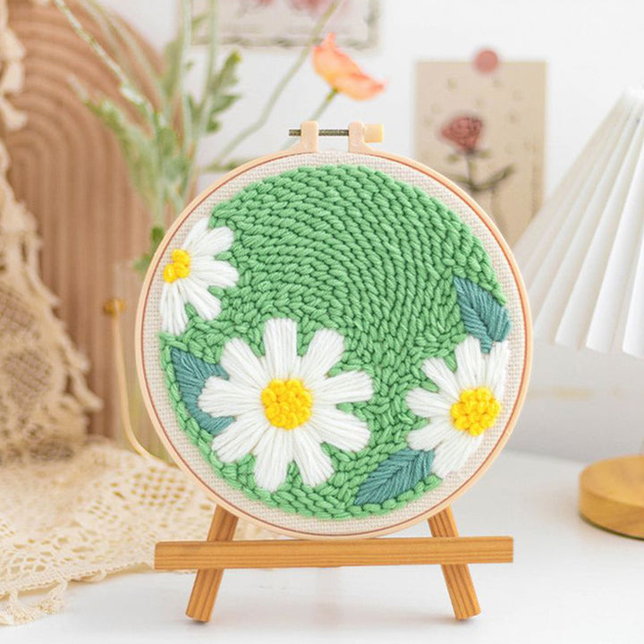 Daisies on Green Background Punch Needle Embroidery Kits