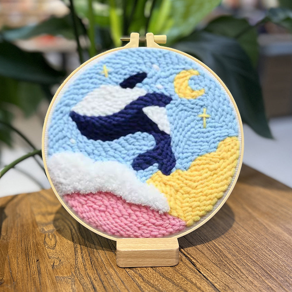 Whale with Moon and Stars Punch Needle Embroidery Kits