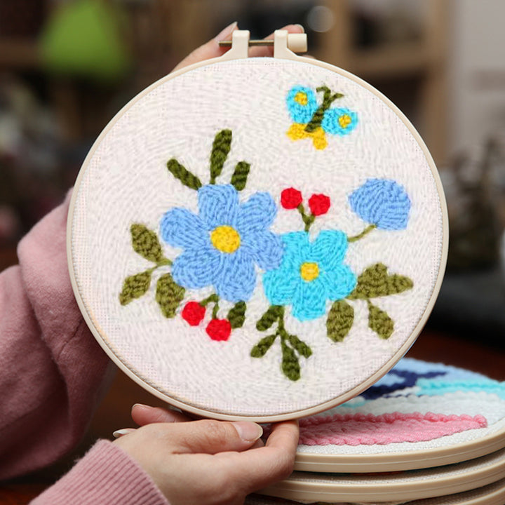 Blue Flowers and Butterfly Punch Needle Embroidery Kits