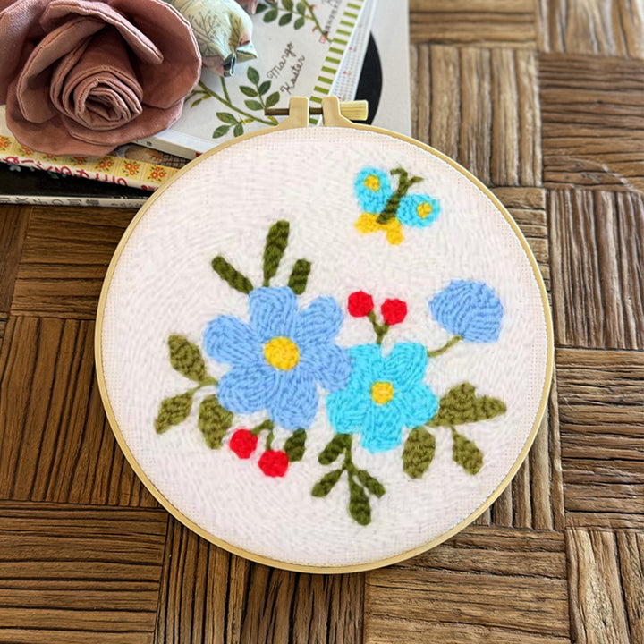 Blue Flowers and Butterfly Punch Needle Embroidery Kits