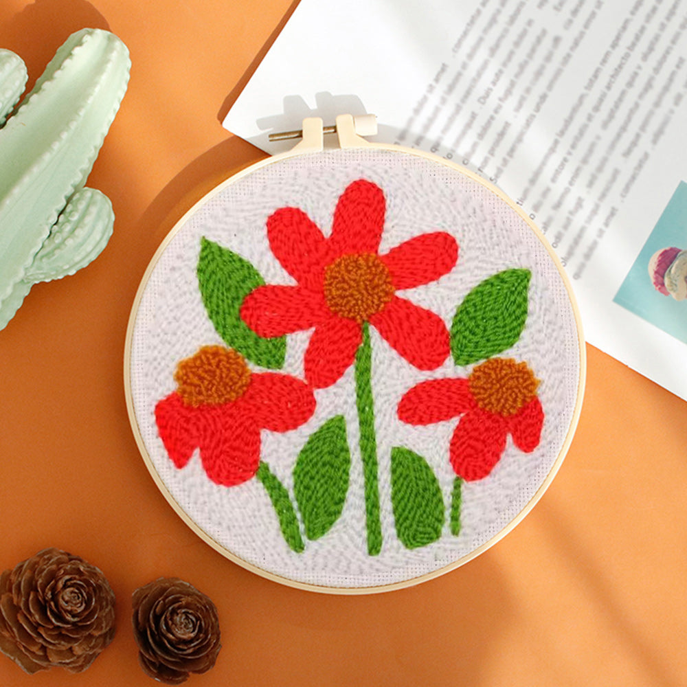 Small Red Flowers Punch Needle Embroidery Kits