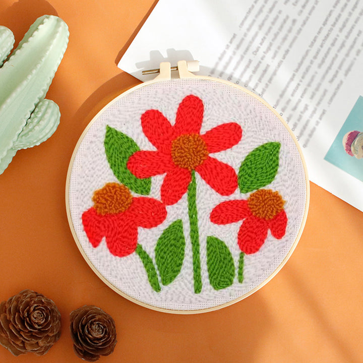 Small Red Flowers Punch Needle Embroidery Kits