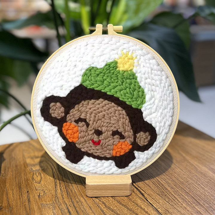 Monkey with Green Hat Punch Needle Embroidery Kits