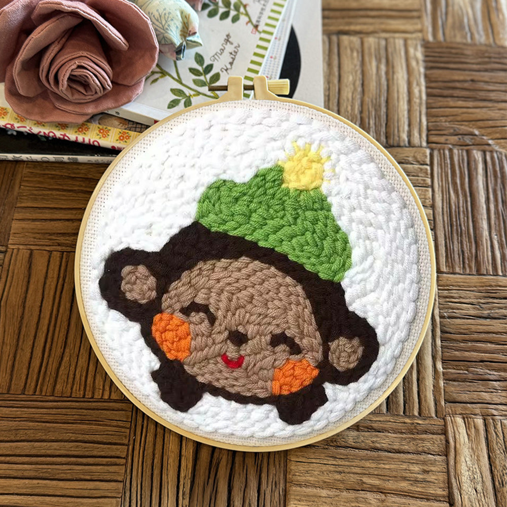 Monkey with Green Hat Punch Needle Embroidery Kits