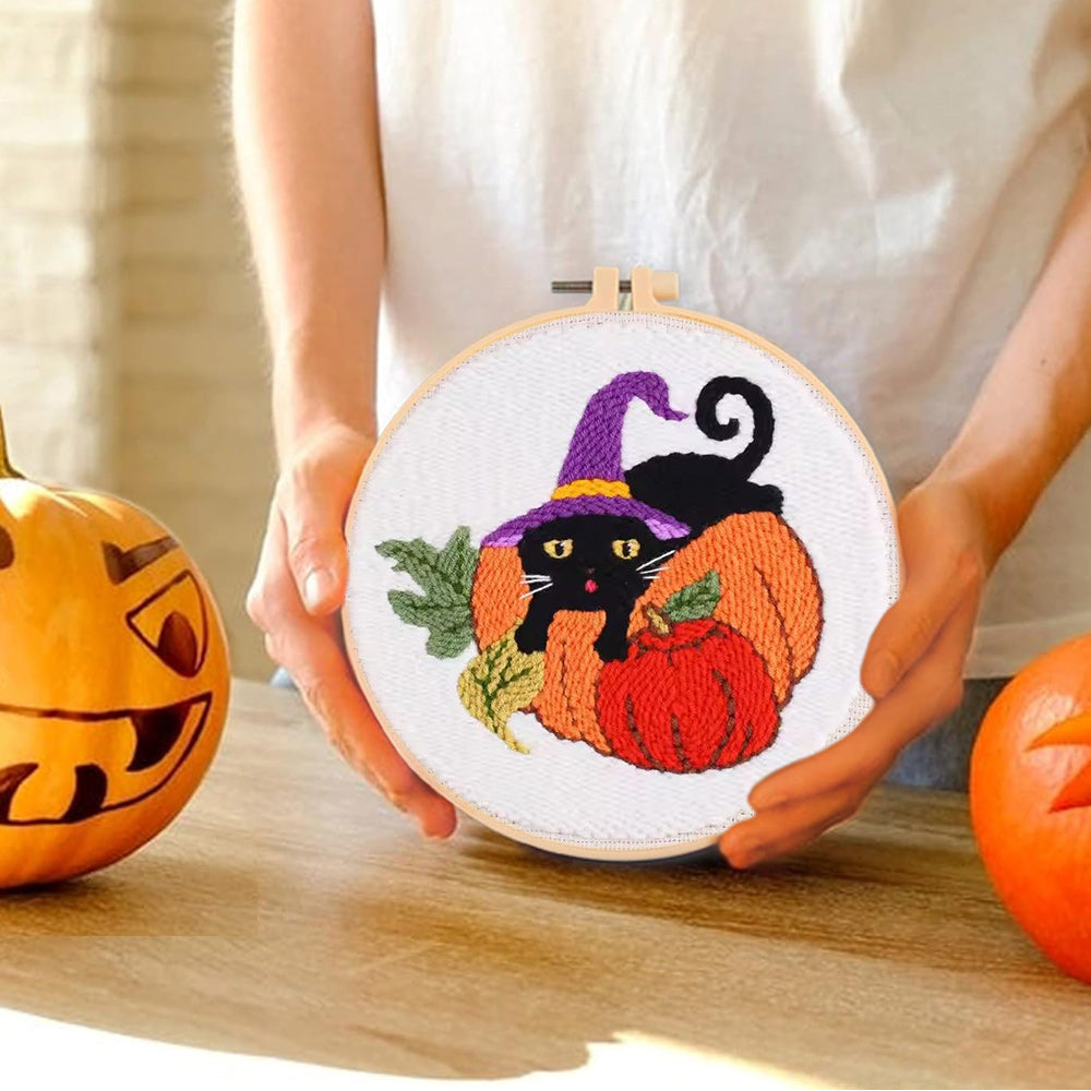Black Cat with Pumpkin Punch Needle Embroidery Kits