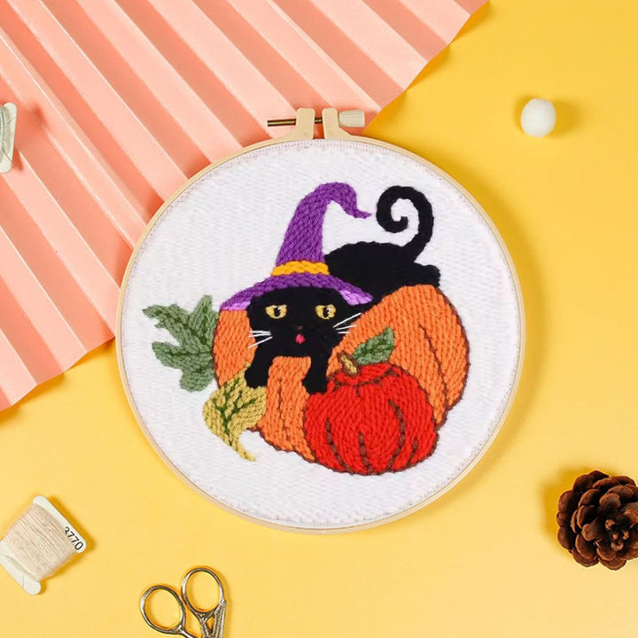 Black Cat with Pumpkin Punch Needle Embroidery Kits