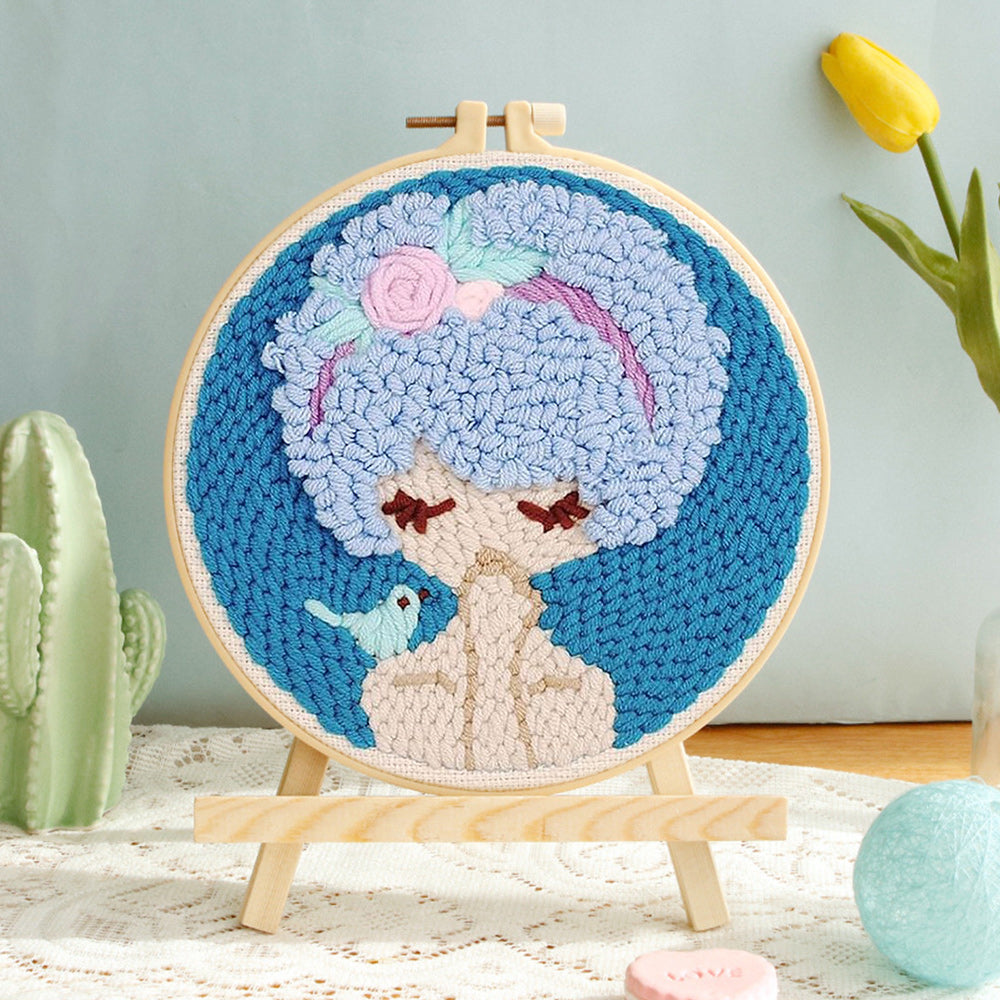 Blue Haired Girl Flower Punch Needle Embroidery Kits