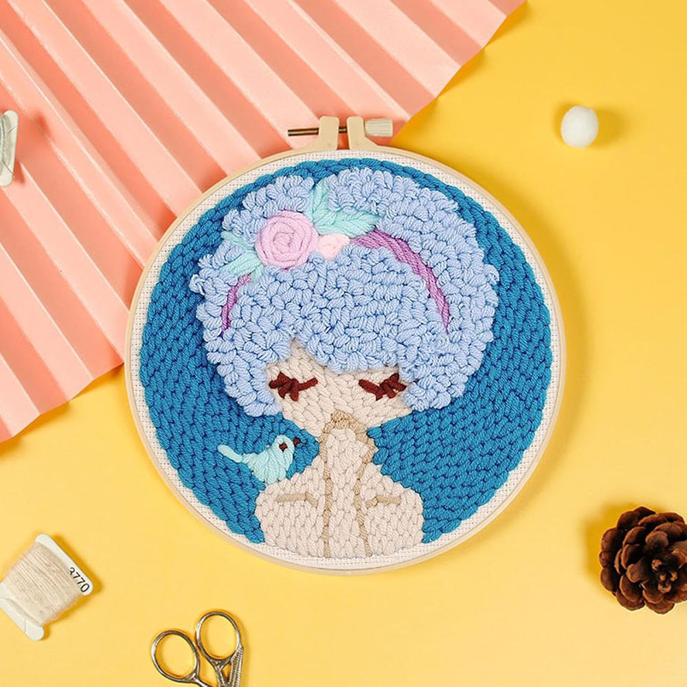 Blue Haired Girl Flower Punch Needle Embroidery Kits